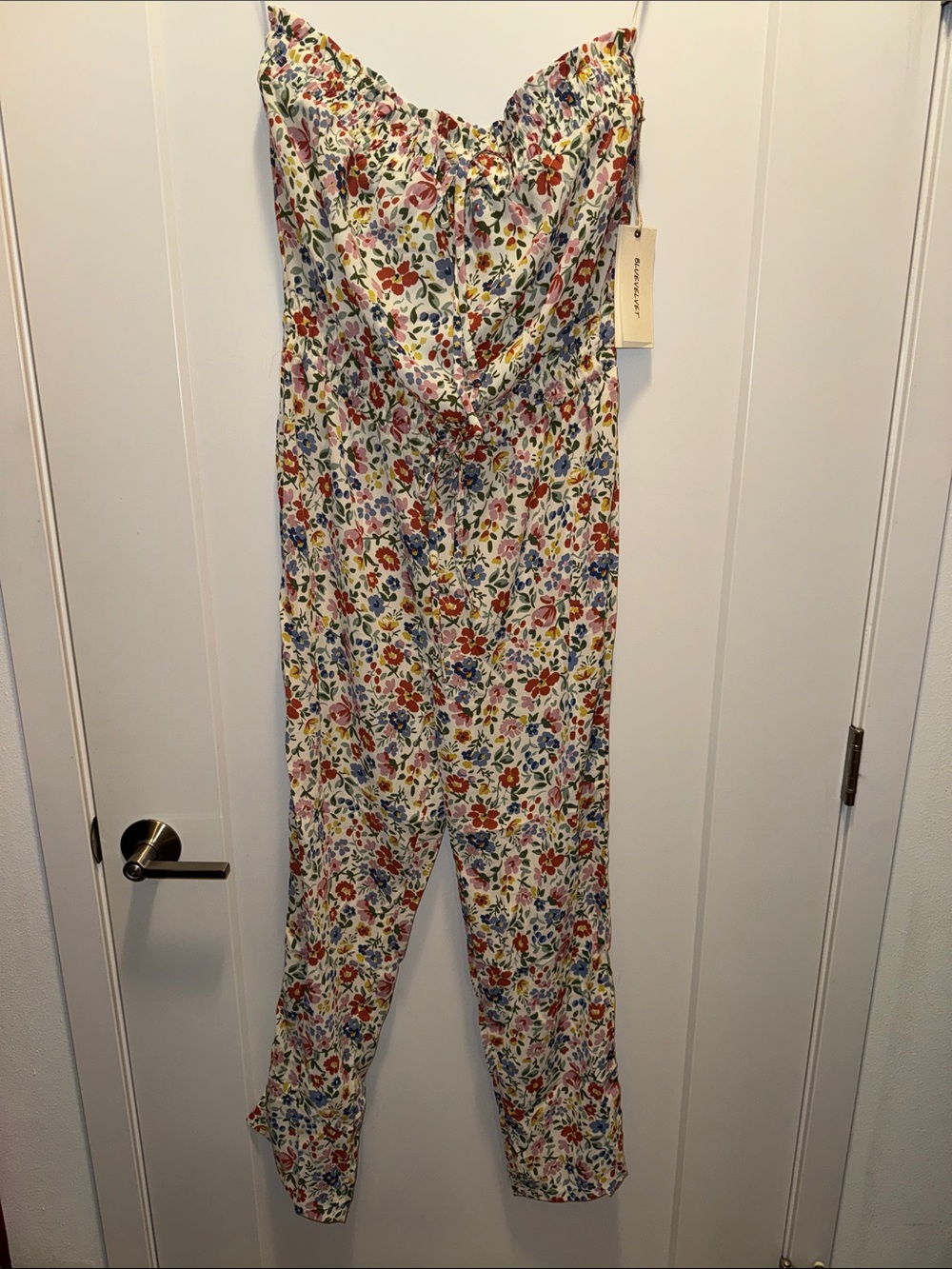 🆕 Gorgeous Blue Velvet Floral Strapless Jumpsuit w Drawstrings. M. NWT!🌸🔥